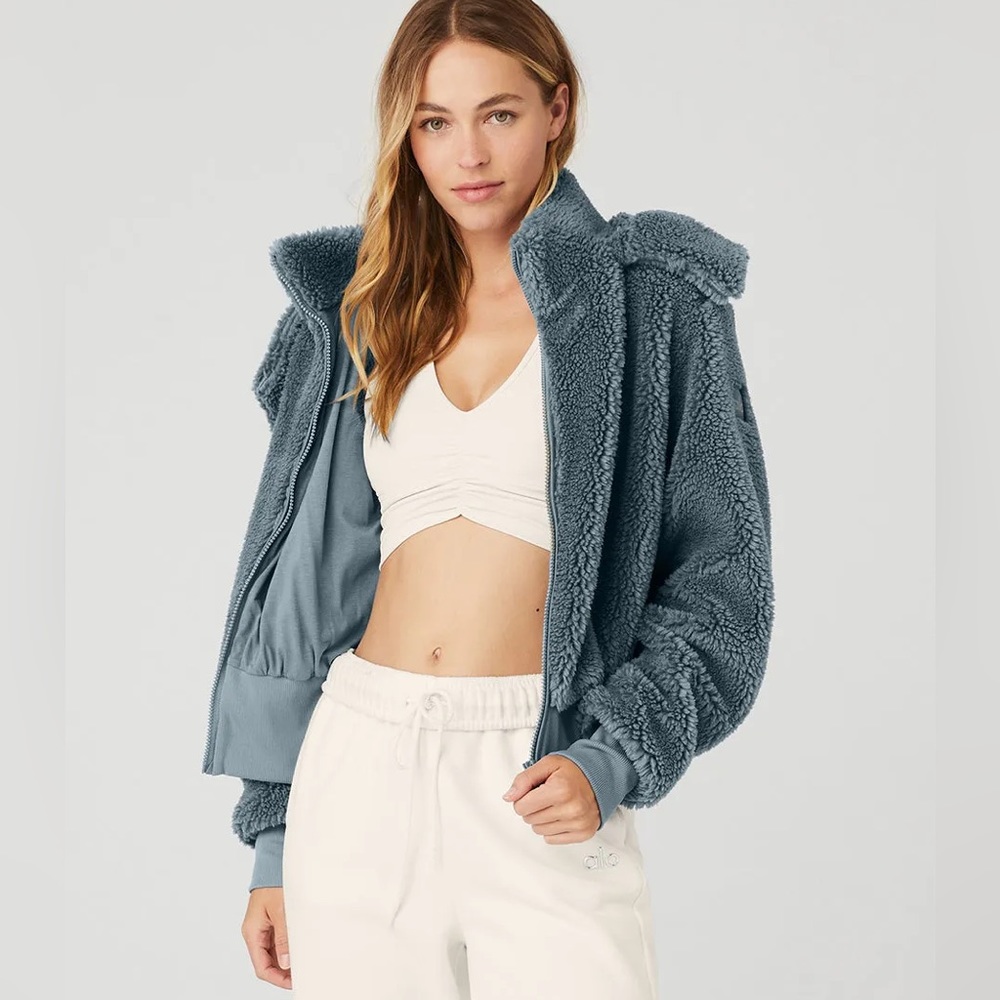 ALO YOGA Foxy Fleece Sherpa Jacket Blue Steel Small